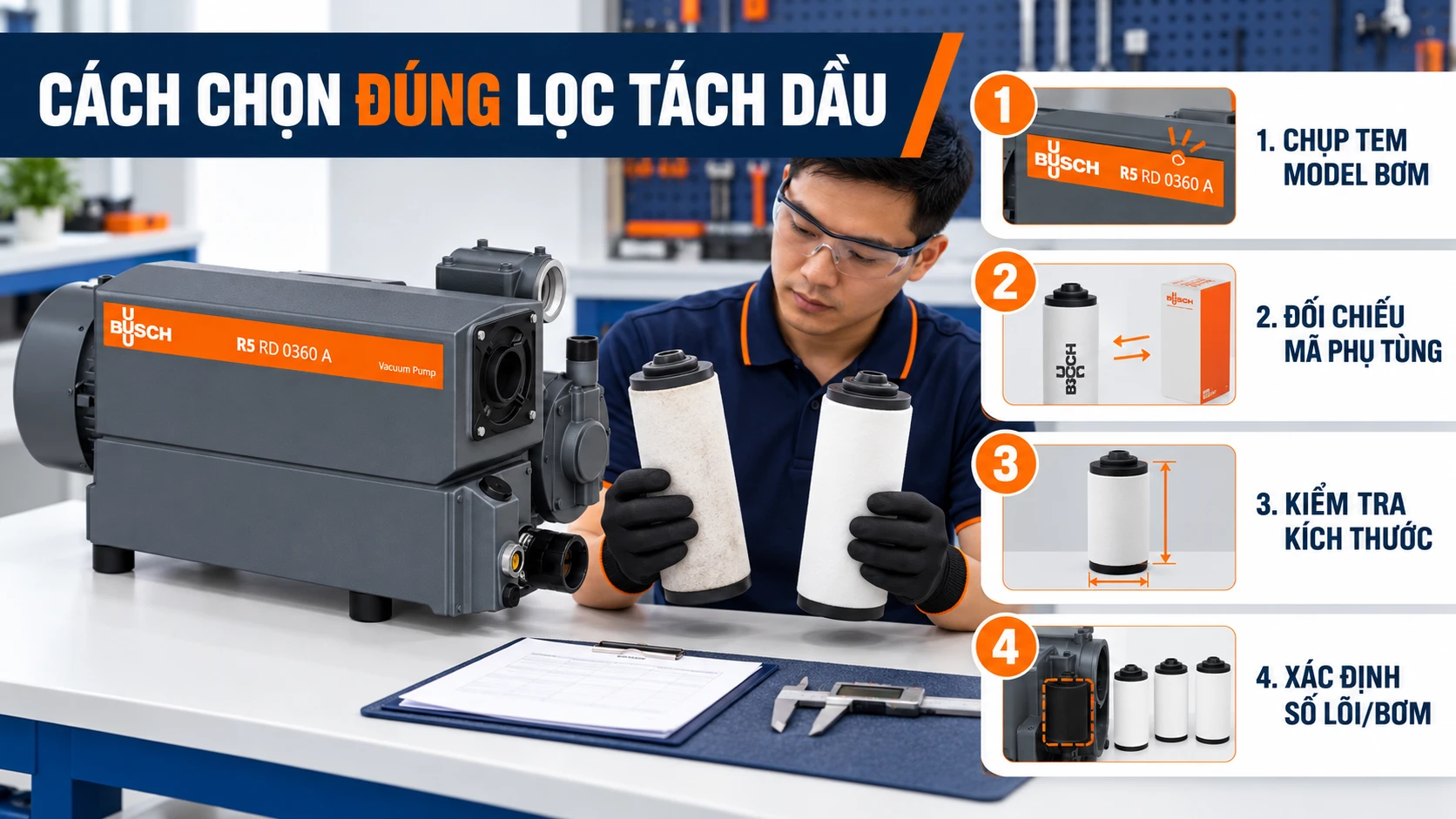 Lọc Tách Dầu Bơm Busch R5: Phân Loại Theo Từng Model