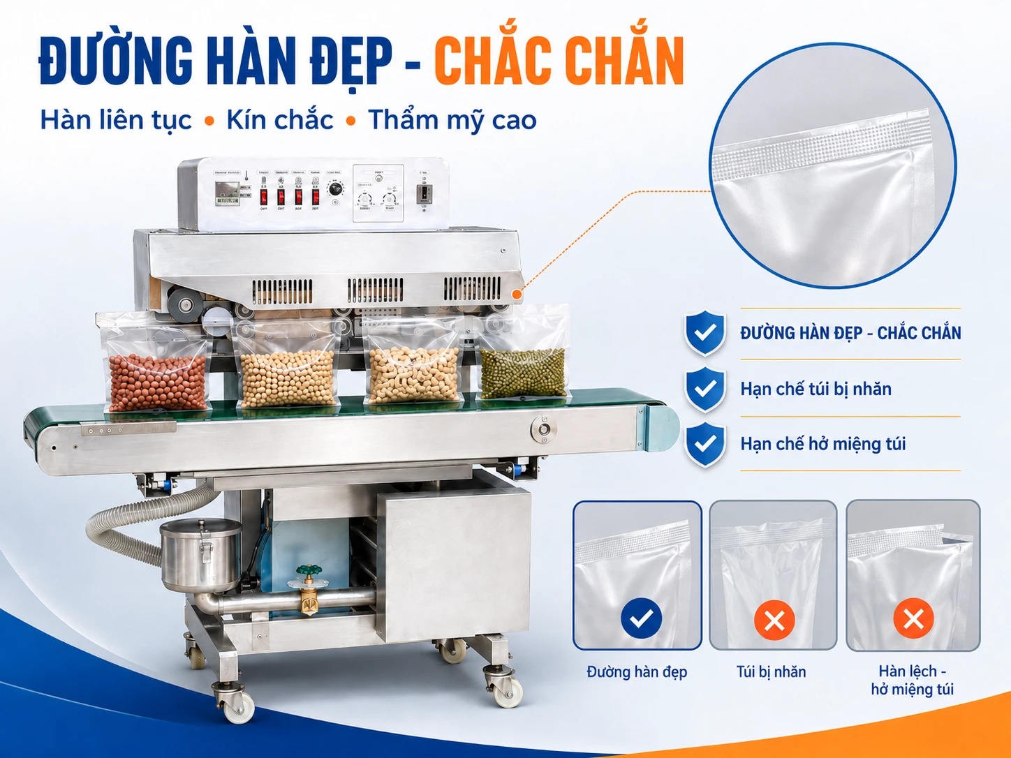 Đường hàn đẹp, chắn chắn của máy dán túi winvac