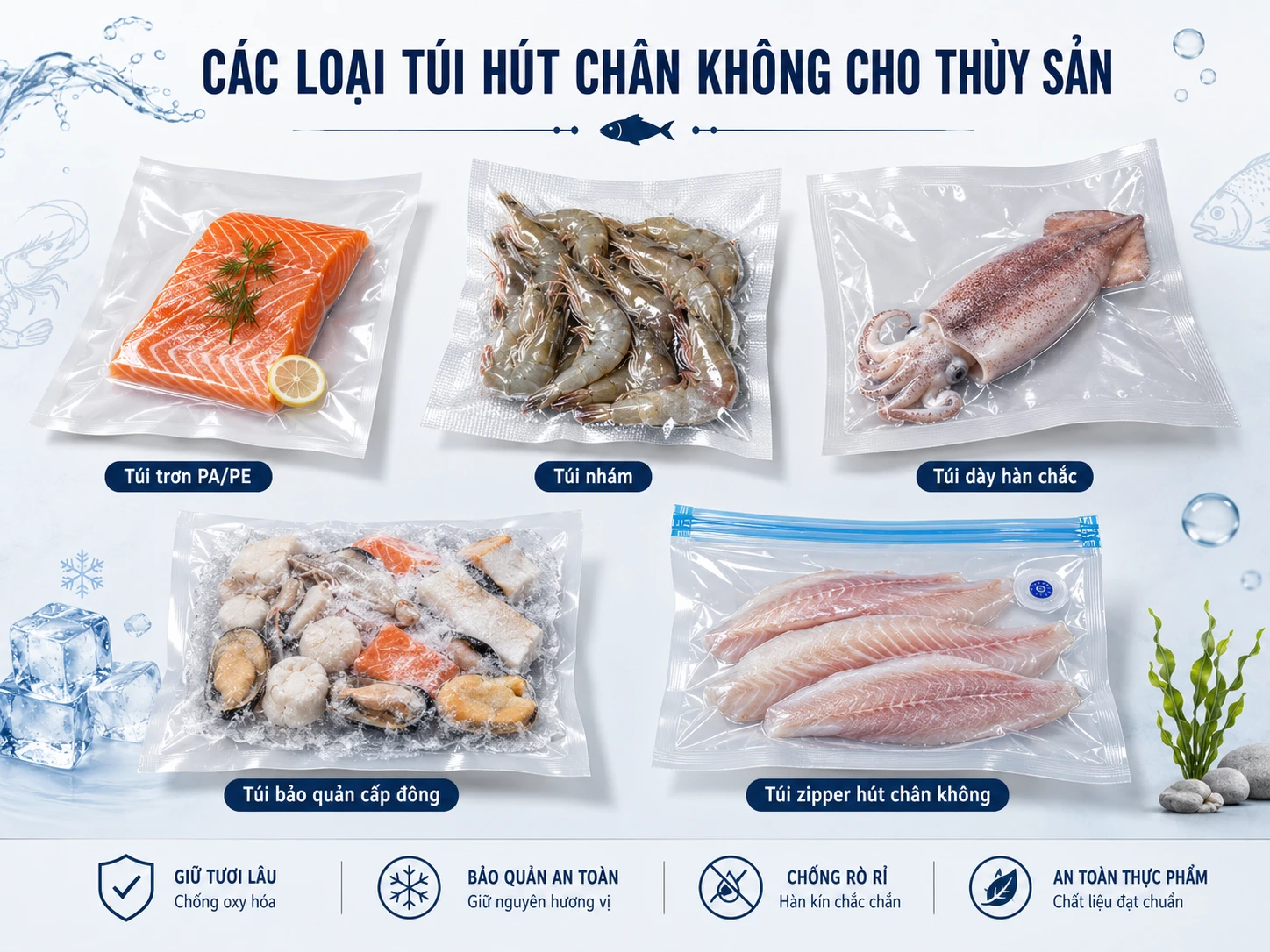 Các loại túi phù hợp cho hút chân không thủy hải sản